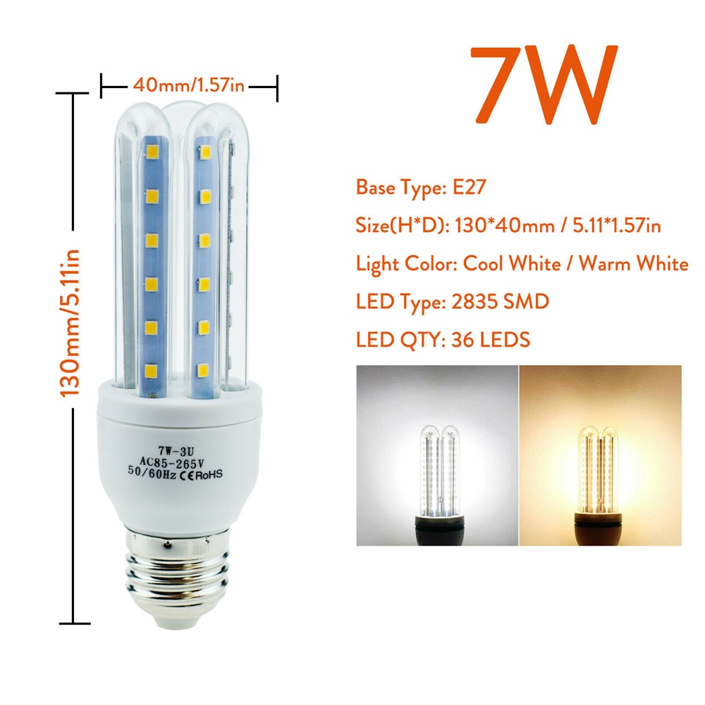 3W 5W 7W 9W 12W ahorro de energía E27 bombillas LED de maíz tubo en U luces de inundación de neón fluorescentes 220V 110V lámparas para el hogar 360 ° Iluminación: Blanco / Verde
