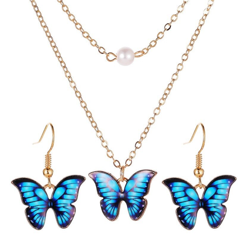 Modyle guld farve sommerfugl smykker sæt farverige maleri brude øreringe halskæde smykker sæt til kvinder: S00064