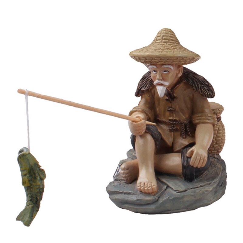 Vissen Oude Man Figuur Standbeeld, Zitten Tuin Ornament Voor Outdoor Zwembad Micro-Landschap Bonsai Tuin Ambachten Beeldjes