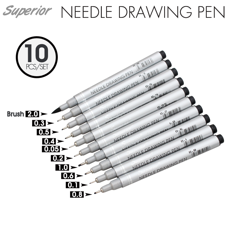 Superior 10Pcs Needle Drawing Pen Waterproof Pigment Fineline Sketch Marker Brush Pen for Office School Writing Art Supplier
