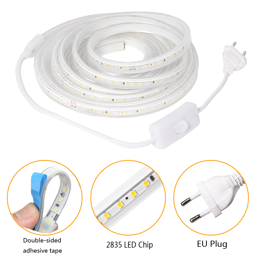 Tira de luces LED 220V 2835 tira de led impermeable alto brillo 120LEDs/m cocina Flexible luz LED de jardín al aire libre con interruptor