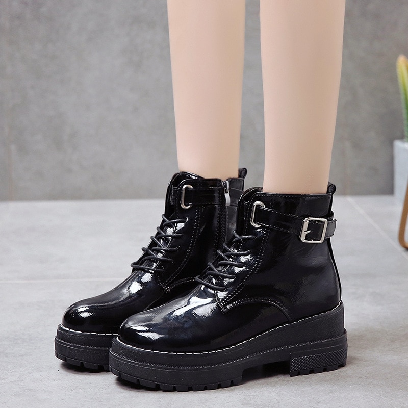 Dames platform schoenen punk zwarte gothic enkellaarsjes dames platform wedge veter motorlaarzen