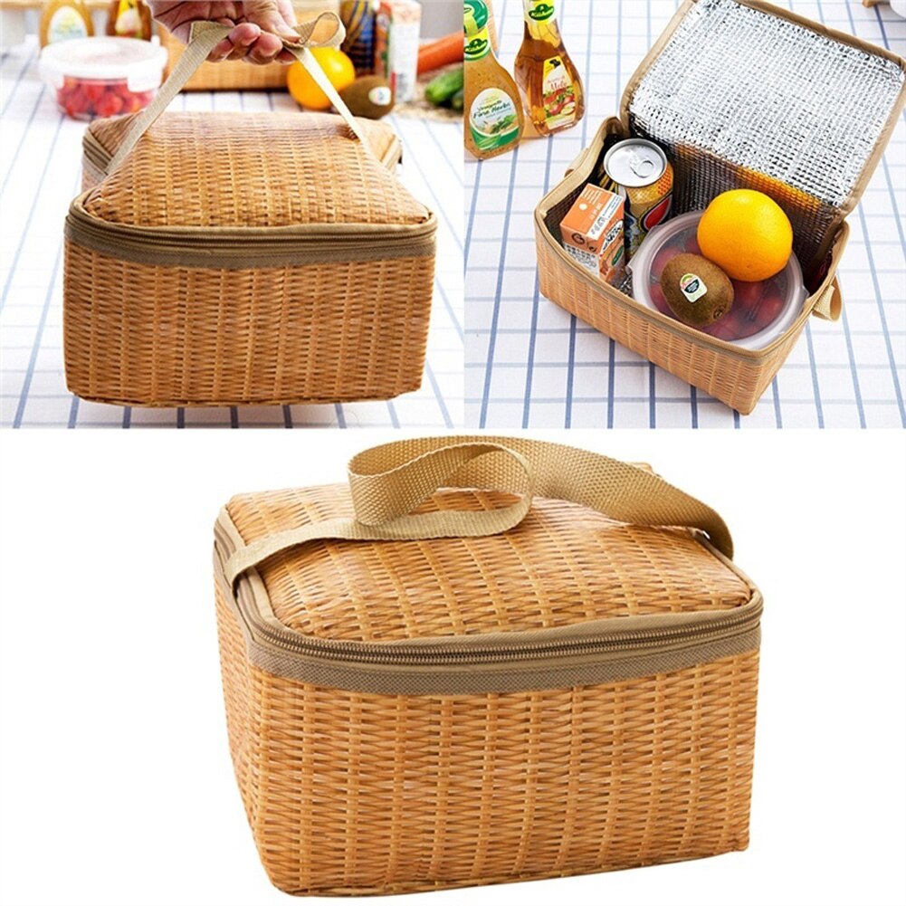 Buiten Draagbare Camping Picknick Zakken Imitatie Rotan Picknick Bag Geïsoleerde Thermische Koeler Mand Lunch Opbergdoos