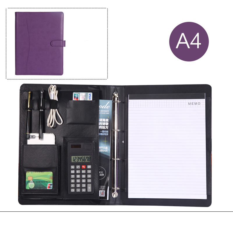 PU artificial leather folder ring binder a4 portfolio for documents padfolio briefcase with notebook cellphone holder 1210C: purple B style