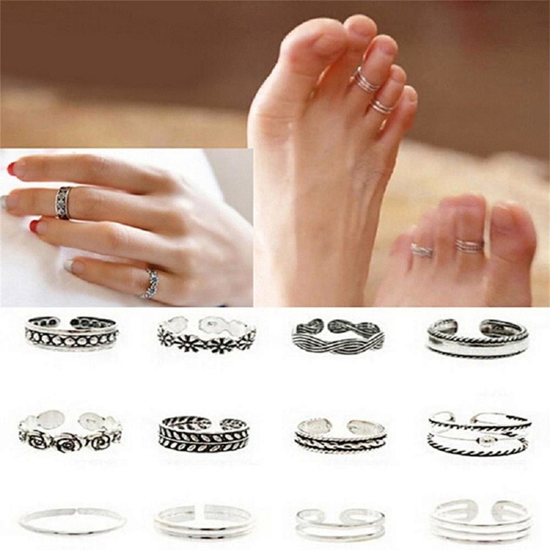 12PCs/set Women Lady Unique Adjustable Opening Finger Ring Retro Carved Toe Ring Foot Beach Foot Jewelry anillos mujer