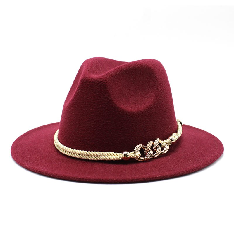Chapeau fedora noir/blanc à large bord en feutre pour homme et femme, en mélange de laine artificielle, simple, église, derby, haut-de-forme, panama, solide, jazz, casquette: wine red