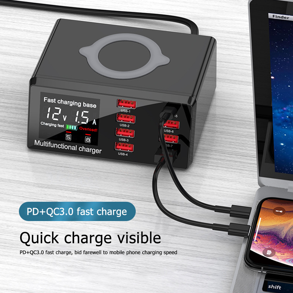 100W Multi USB Ladegerät Bahnhof PD 20W schnell aufladen 3,0 Qi Drahtlose Ladegerät 8 USB Häfen Schnelle Ladung Bahnhof für iPhone Huawei
