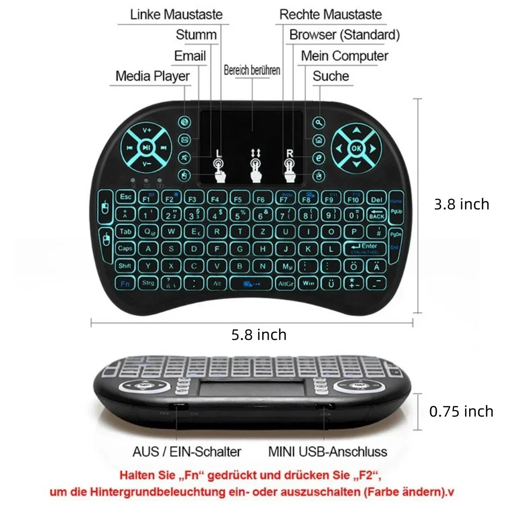 Colorful Backlit I8 Mini Wireless Keyboard Touchpad Remote Control English 2.4Ghz Air Mouse Keyboard For Laptop TV Box Touchpad