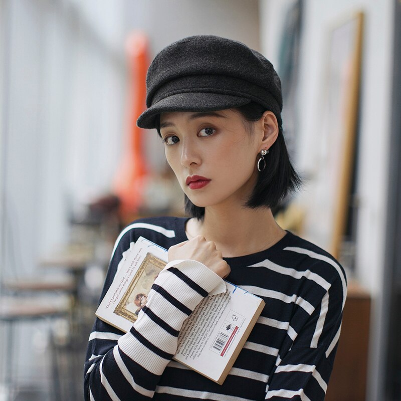 Gorro de marinero de lana, sombrero versátil coreano británico para mujer, gorro octogonal de informal, gorro de lengua de pato