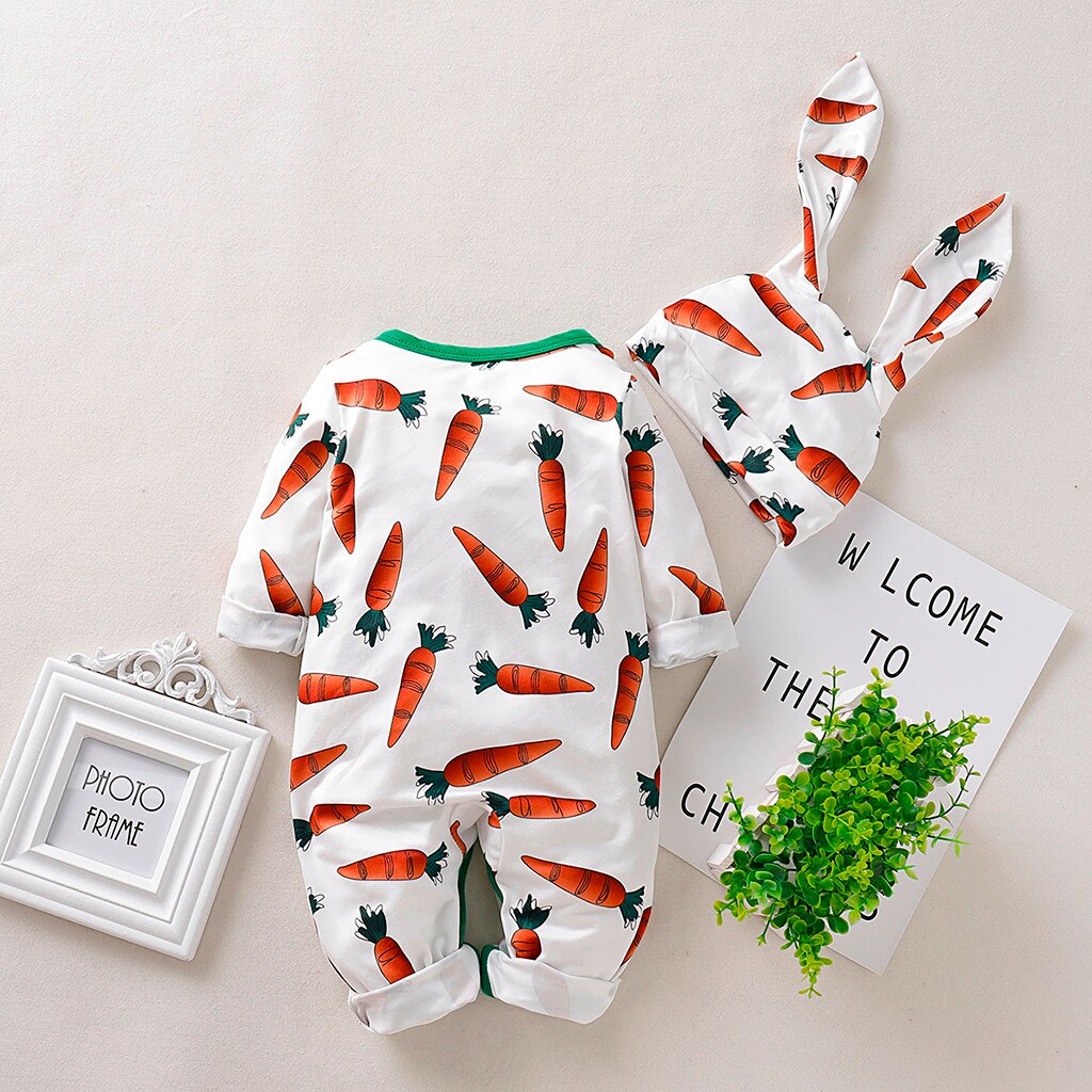 Baby Baby Jongens & Meisjes Cartoon Wortel Print Romper Kawaii Kids Winter Warm Houden Jumpsuit + Rrabbit Oren Hoed Set kinderen Kleding