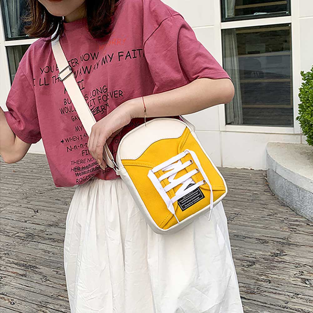 Women Canvas Bag Japan Style Girl Small Shoulder Bags Stylish Lacing up Shoe Large Capacity Zip Crossbody Shoulder Bag Pouch