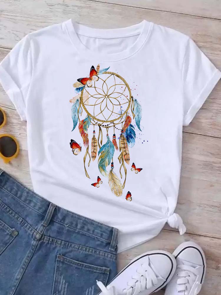 T-shirt plume Dreamcatcher pour femme, t-shirts graphiques Harajuku, chemise ReplCatcher, vêtements à la , Y: M / Beige