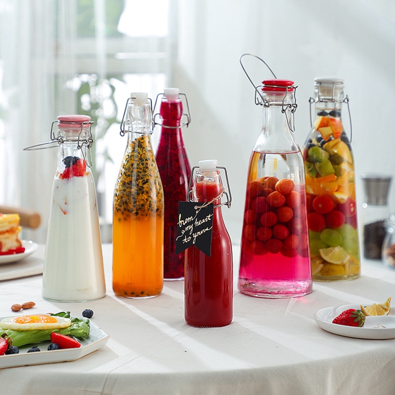 Garrafa de vinho de vidro, garrafas de armazenamento de mel de limão, latas seladas vazias, jarra de fermentação de leite, frasco portátil para vinho de frutas para bar