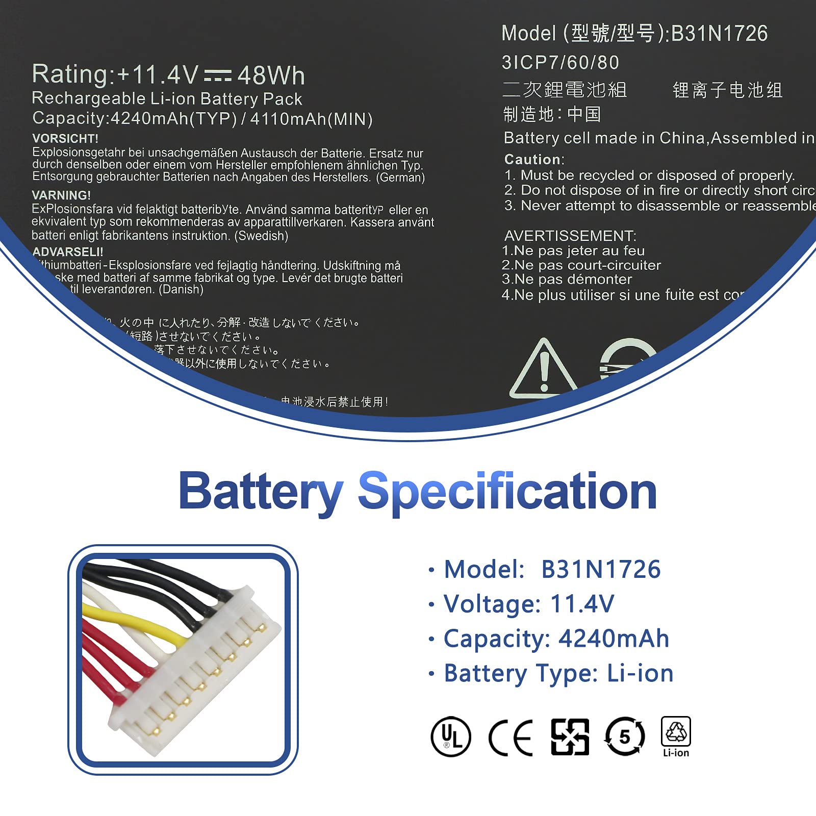 B31N1726 Battery for ASUS TUF Gaming FX504 FX504G FX504GD FX504GE FX504GM FX505 FX505DT FX505DV FX505DY FX80 FX80G FX80GD FX86