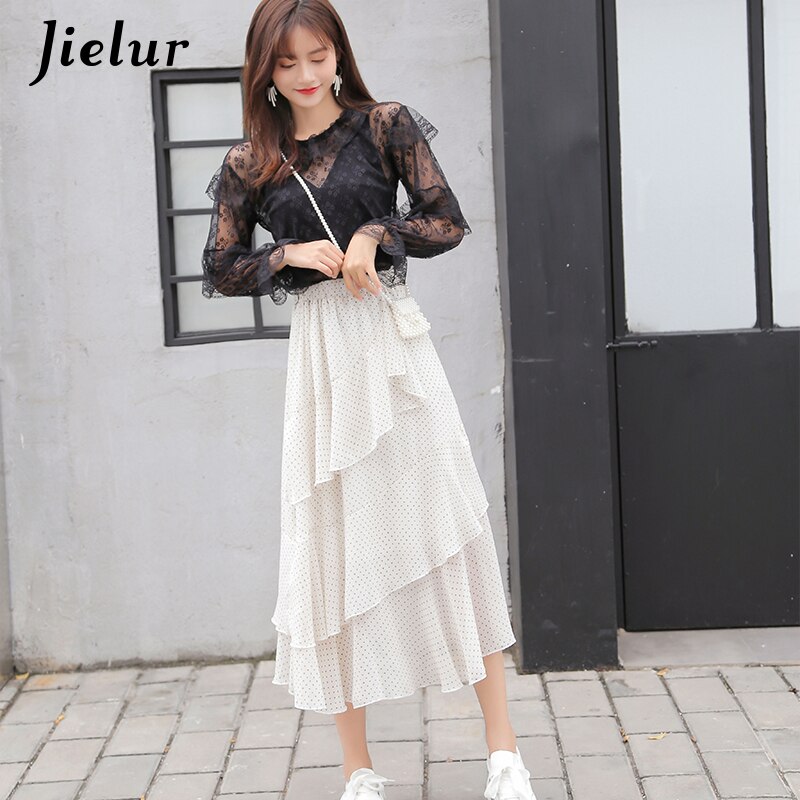 Jielur-falda blanca de lunares para mujer, Faldas de gasa holgadas con volantes, cintura elástica