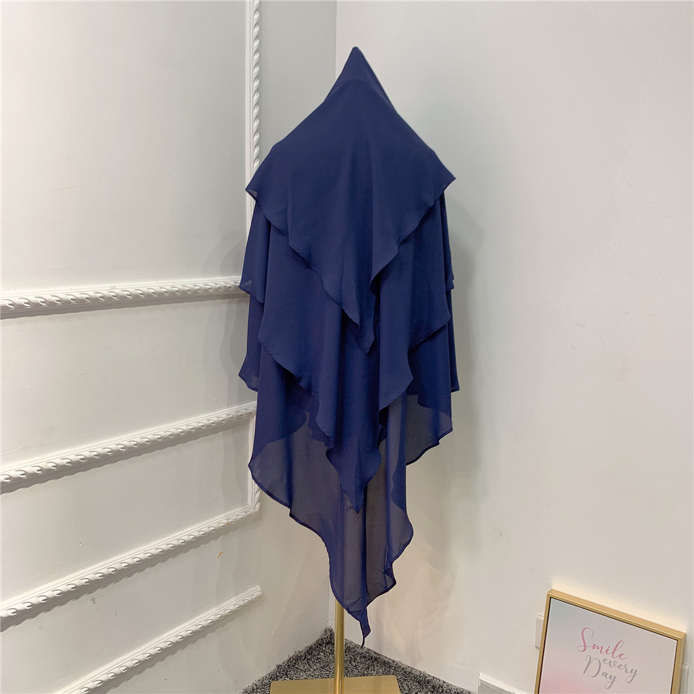 Foulard khimar trois couches à volants pour femmes, hijab, musulmane, dubaï, Turban turc, châles malaisiens, marocain: bleu foncé