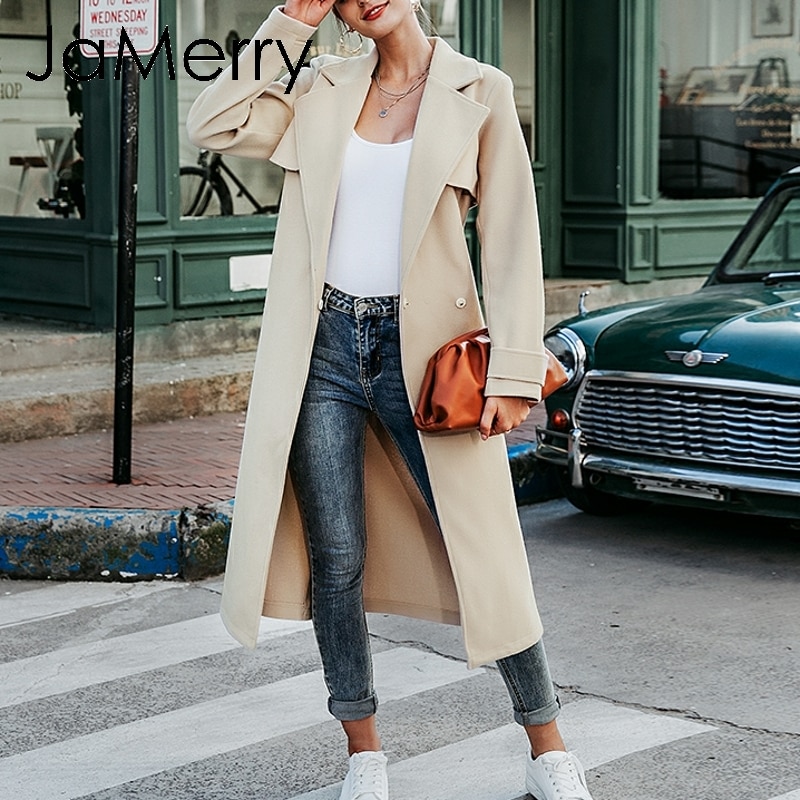 JaMerry Vintage winter tweed lange jas vrouwen Lange mouw elegante sash riem uitloper jas Herfst winter streetwear jassen