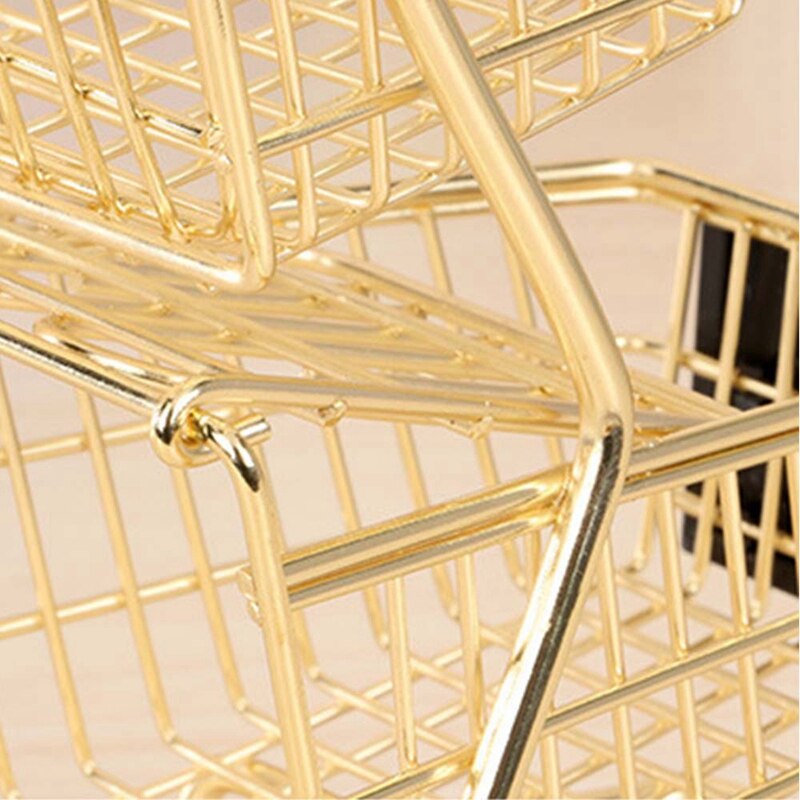 Mini Double Layers Shopping Cart Model Wrought Iron Supermarket Trolley Metal Rose Gold Storage Basket