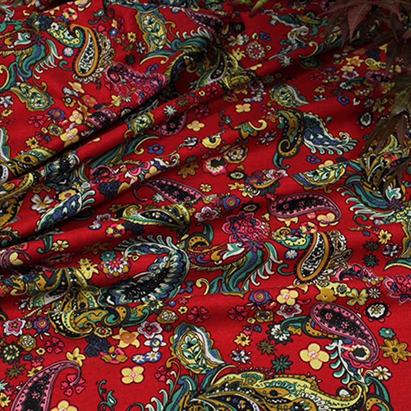 cotton and linen ethnic red dark blue Paisley Pattern floral textile for DIY handwork tablecloth curtains blouse dress fabrics