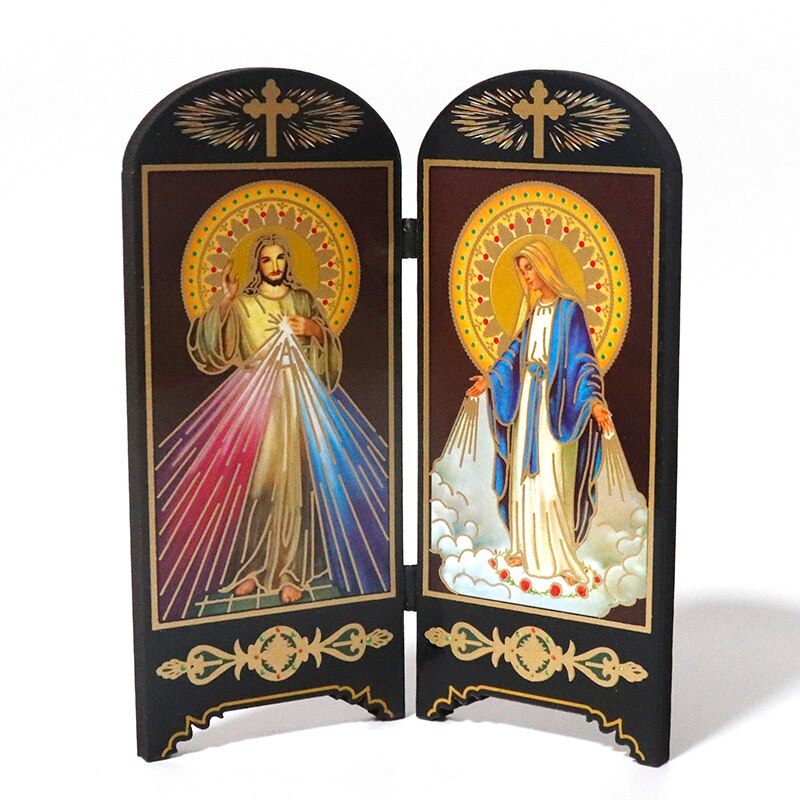 Articulos religiosos catolico religiøs figur ikon dobbeltskærm skrivebord dekoration jesus kristus hellige hjerte jomfru maria figurer: Mørkegrøn