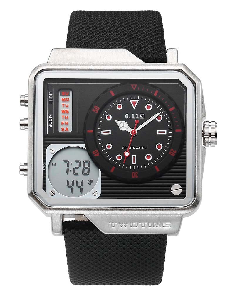 Mode Dubbele Tijdweergave Lederen heren Horloge LCD Digitale Stopwatch Datum Sport Horloges Multifunctionele Relogio Masculino: Black red