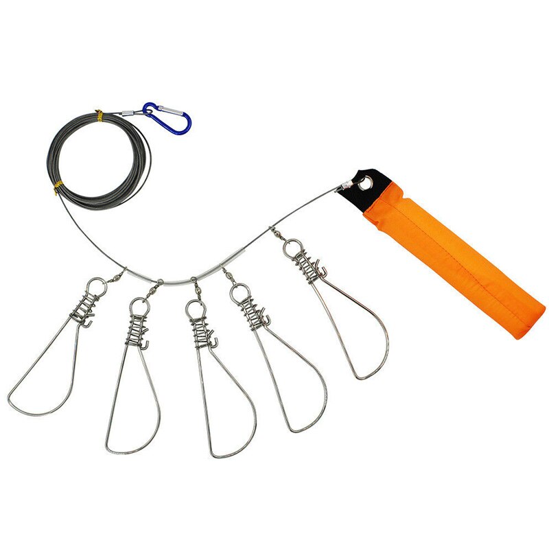 5 Snaps Stainless Steel Fish Clip Lock Live Fishing Stringer Belt Fish Buckle Clip Fish Lock 5 Snaps Stainless Steel Ropes Live