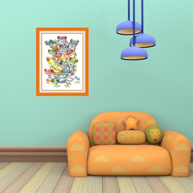 Kit de broderie au point de croix avec motif grenouille et animal de dessin animé 18ct 14ct 11ct , tissu blanc, fil de coton, kit de broderie à faire soi-même pour débutants