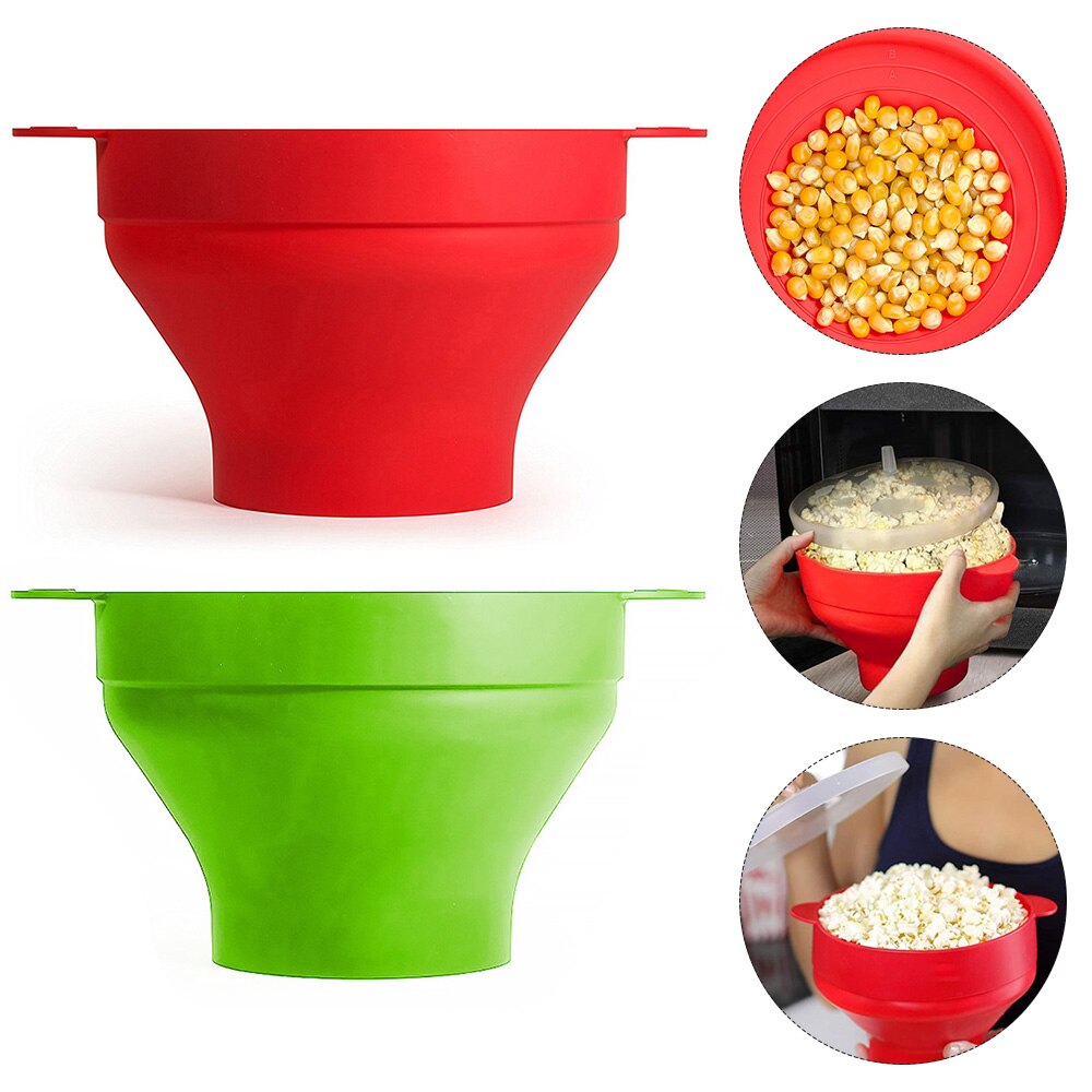 Magnetron Popcorn Maker Siliconen Diy Popcorn Emmer Kom Met Deksel Opvouwbare Rode Hoge Temperatuur Keuken Bakken Koken Tool