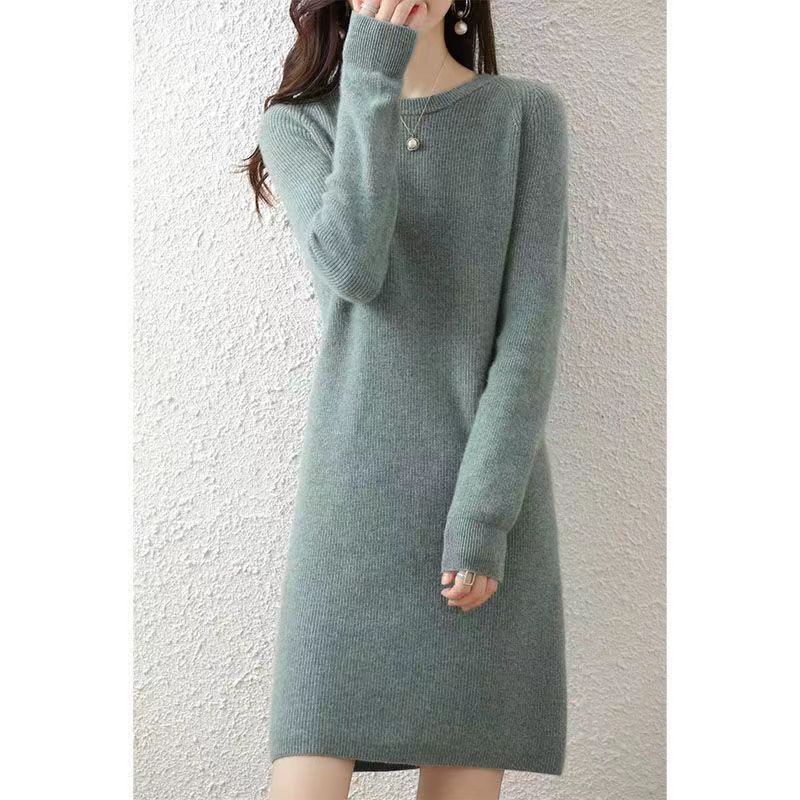 Herfst Winter Dames O-Hals Effen Kleur Breien Jurk Dames Losse Casual Toevoegen Fluwelen Bodemgewaad Femme Vestidos De Fiesta