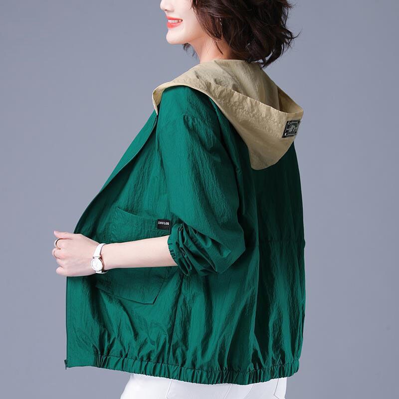 Jackor dam sommar chic patchwork huva koreansk solskydd kvinna jacka matchande tunna femme korta kappor oversize 5xl: Grön / L