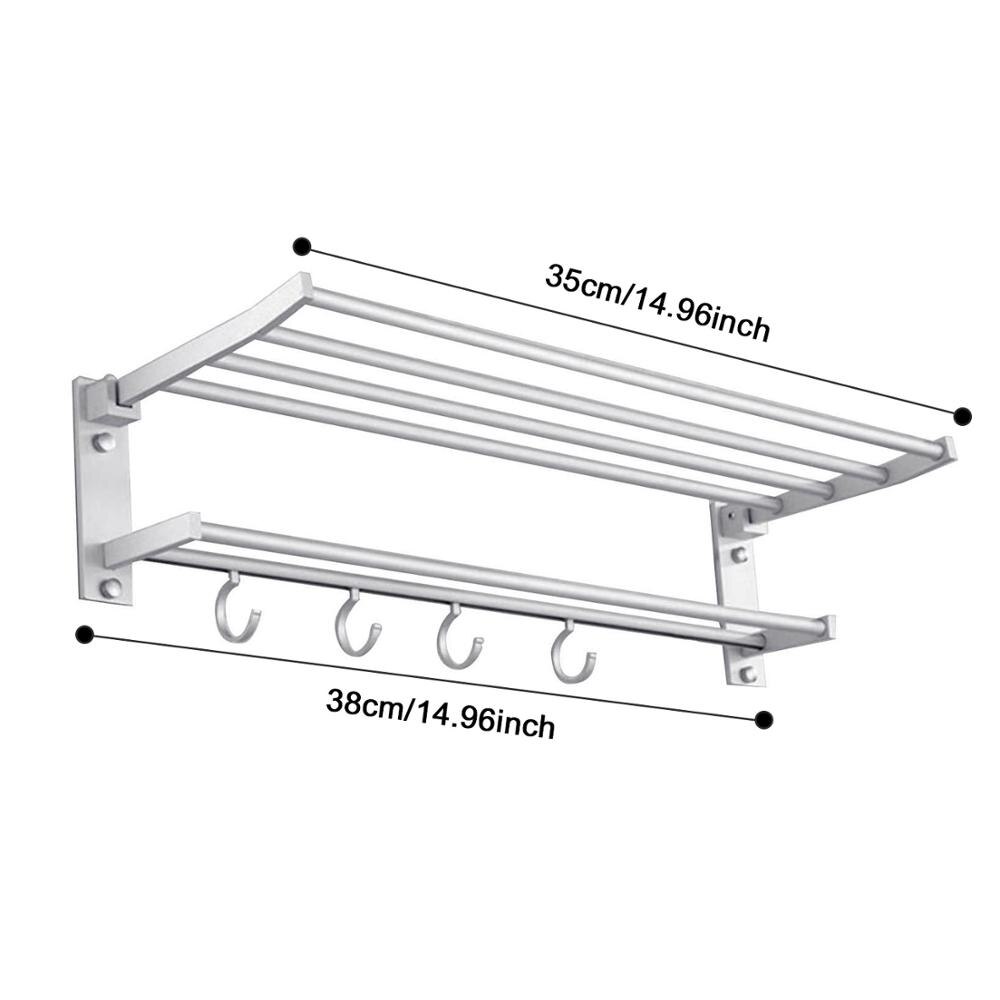 35cm Foldable Wall Mounted Space Aluminum Towel Storage Hanger Shelf Holder Stand Rack with 4pcs Hooks for Home Hotel Bathroom