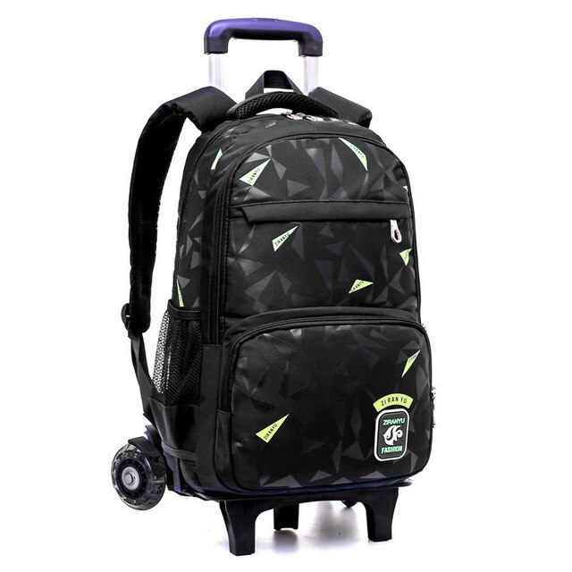 Jongens meisjes trolley schooltas bagage boekentassen waterdichte afneembare kinderschooltassen met 2/6 wielen trap kindertas: Zwart groen 2 wielen
