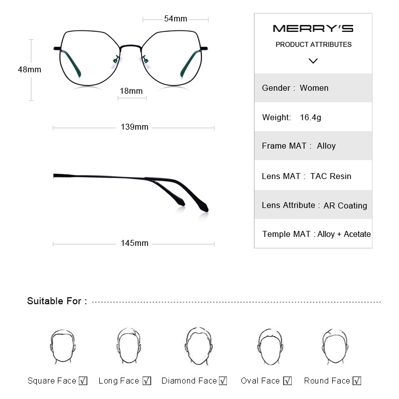 MERRYS-gafas de sol con bloqueo de luz azul para mujer, anteojos con montura óptica, ultraligeros, con de ojo de gato, para miopía, S2025