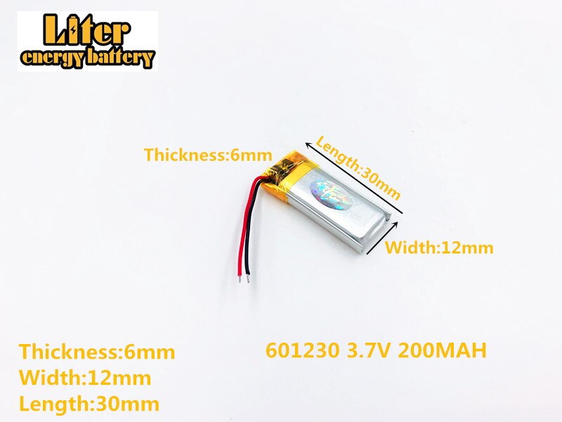 Batería de polímero de litio para MP3, MP4, MP5, de 3,7 V batería recargable, 200mAh, 601230: 3.7V 200mAh 601230