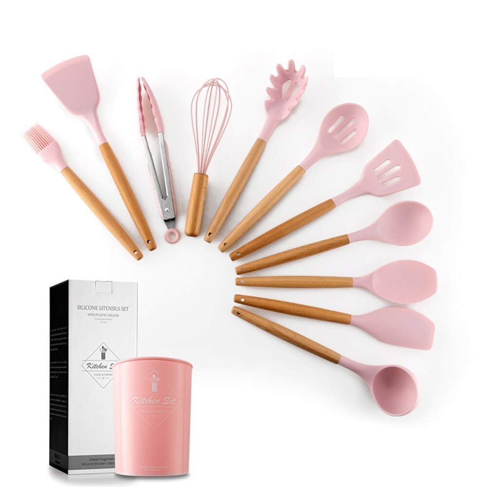 Silicone Non-stick Cooking Utensils Set Cookware Wooden handle Egg Beaters Shovel Spoon Soup Kitchen Tools Accessories Easy Wash: Pink