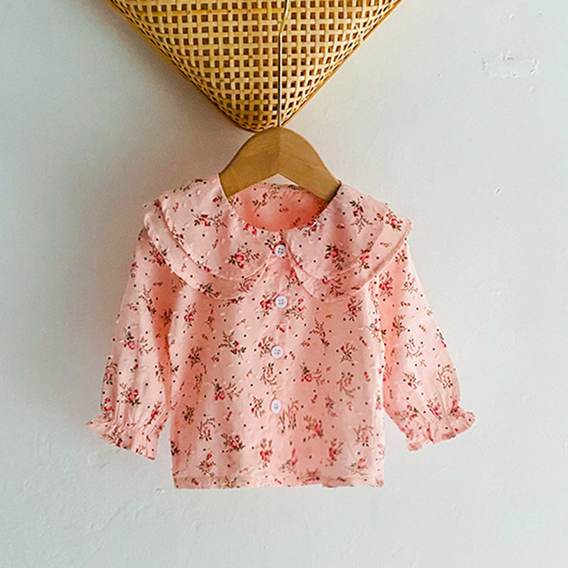 Voorjaar Meisjes Shirt Bloemen Kanten Kraag Katoen Lange Mouw Tees Casual Kids Uitloper: GZ144-Pink / 3M