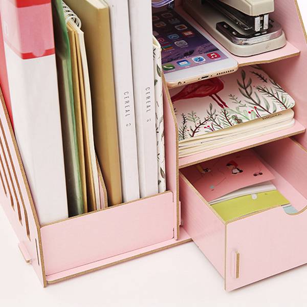 Houten Bureau Organizer Lade Trays Office Desktop Organisatoren Bestand Houders Kantoorbenodigdheden 4 Tier 6 Vakken (Roze)