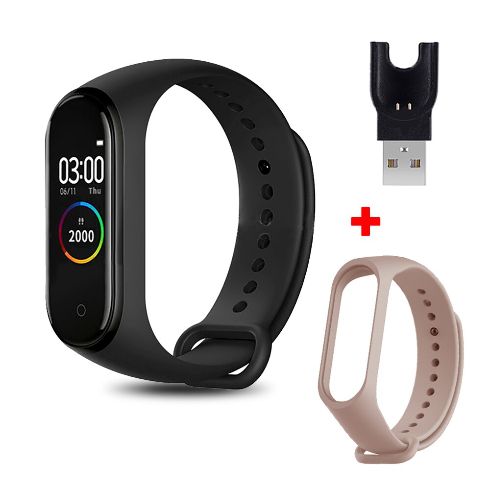 M4 Smart Bracelet with Extra Strap Smart Band Color Screen Sport Fitness Pedometer Blood Pressure Smart Wristband Step Counter: black Lotus pink