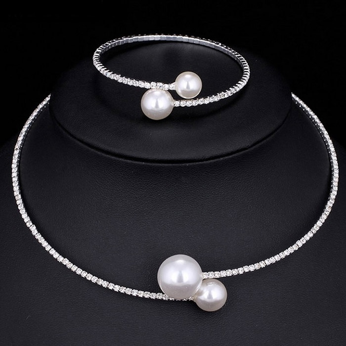 Mode Vrouwen Eenvoudige Gesimuleerde Parel Bruids Sieraden Sets Crystal Wedding Ketting + Armband Set Tt @ 88: silver