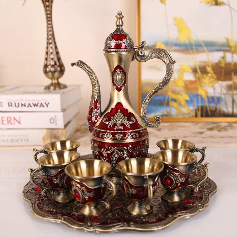 Juego de vajilla de 8 piezas, 1 x tetera, 6 x taza, 1 x bandeja de té, Retro Vintage estilo europeo, adorno de armario, juego de tazas de café árabe de cocina: green ancient red