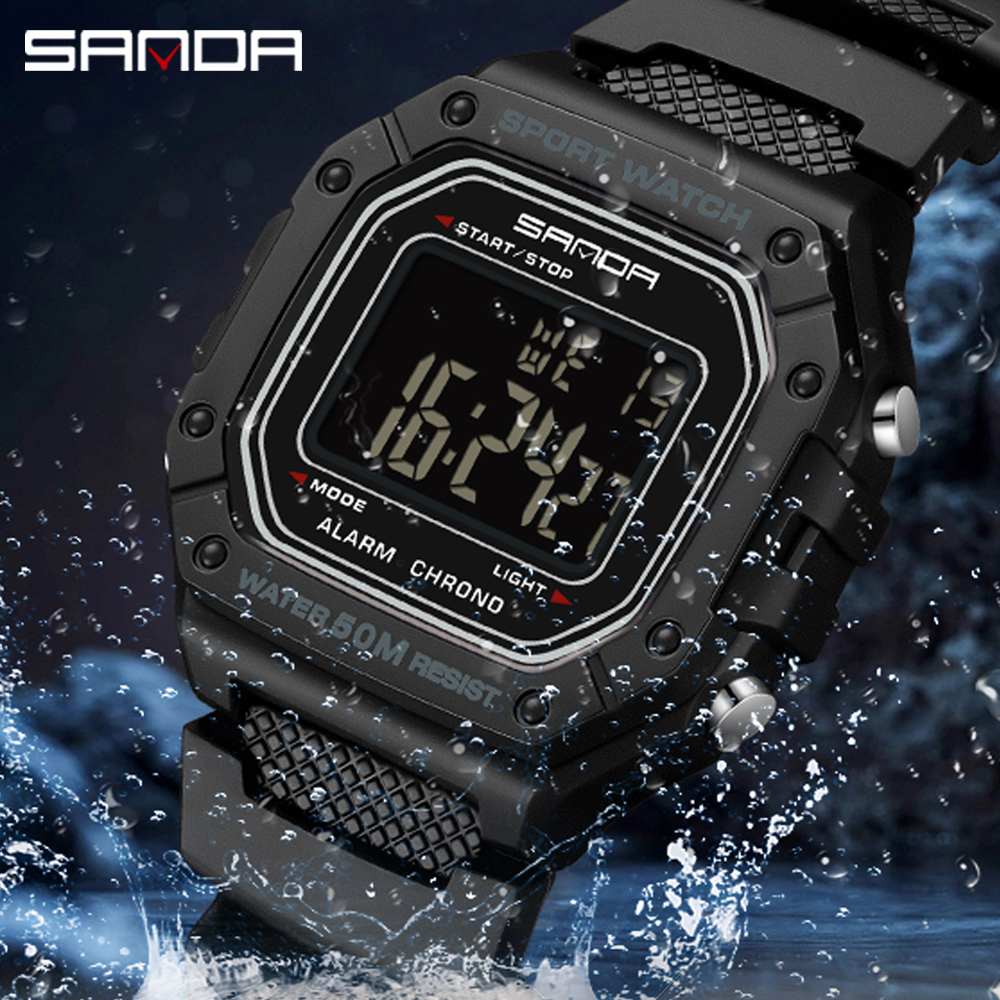SANDA 2156 Herrenuhr, neues Modell, elektronisches digitales Uhrwerk, rechteckiges LED-Anzeige, Zifferblatt, draussen-Sport, wasserdichte männliche Armbanduhr