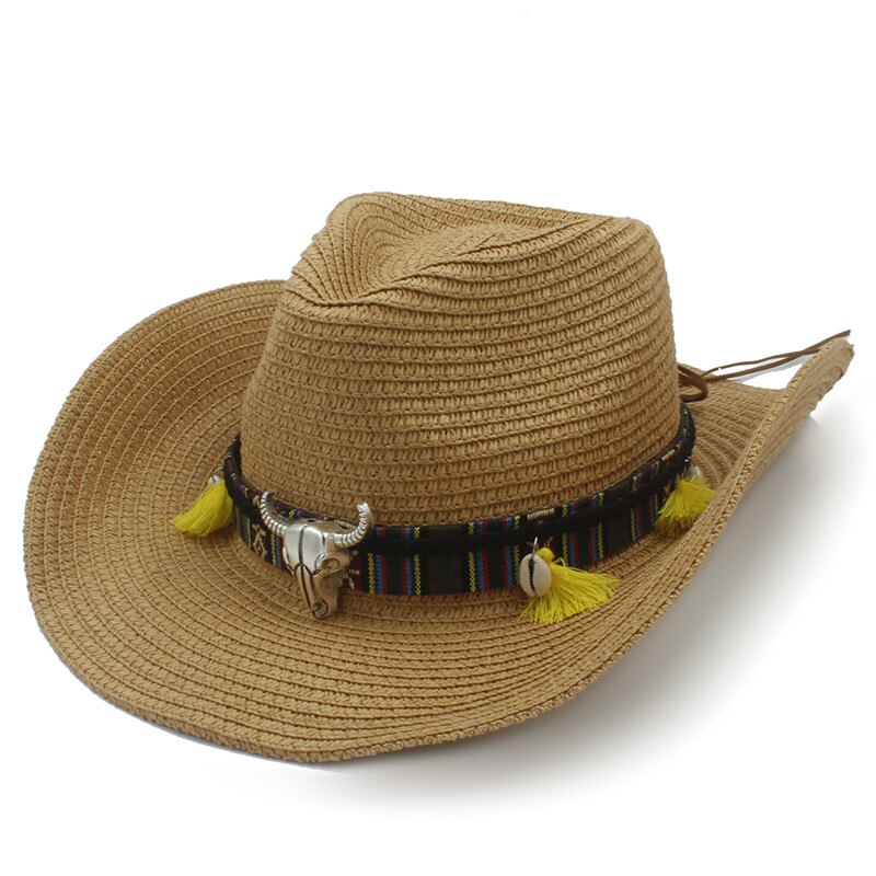 Kvinder sommer halm vestlige cowboy hat med roll up bred kant dame jazz sombrero hombre cowgirl hat: Let kaffe