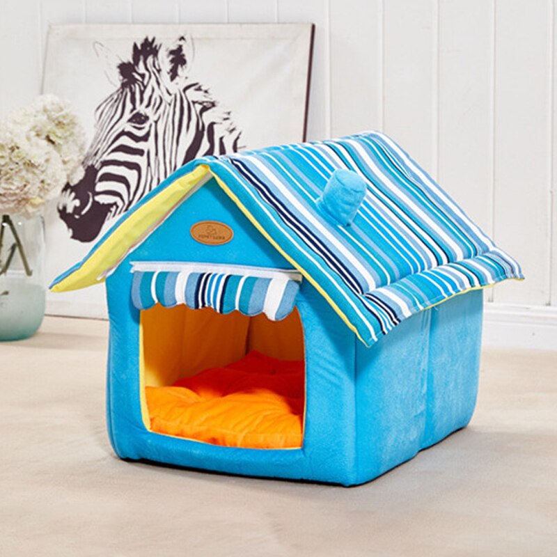 Huisdierbed in bruine stijl, huis voor honden, slaapbank, verwijderbaar kussen, huisdierbedden, honden, puppybedden, opvouwbare mat voor hondenhok: Blauw / S
