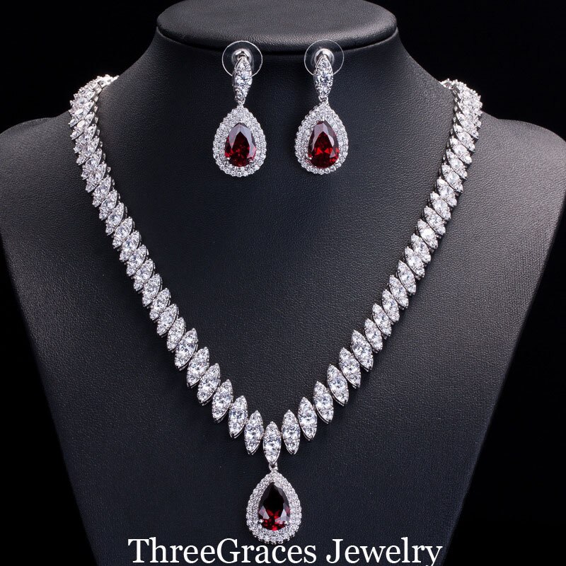 ThreeGraces Famoso Marchio di Design Africano Accessori Da Sposa Rosso Perle di Zirconia Cubica Set di Gioielli Per La Cerimonia Nuziale Costume JS002: red