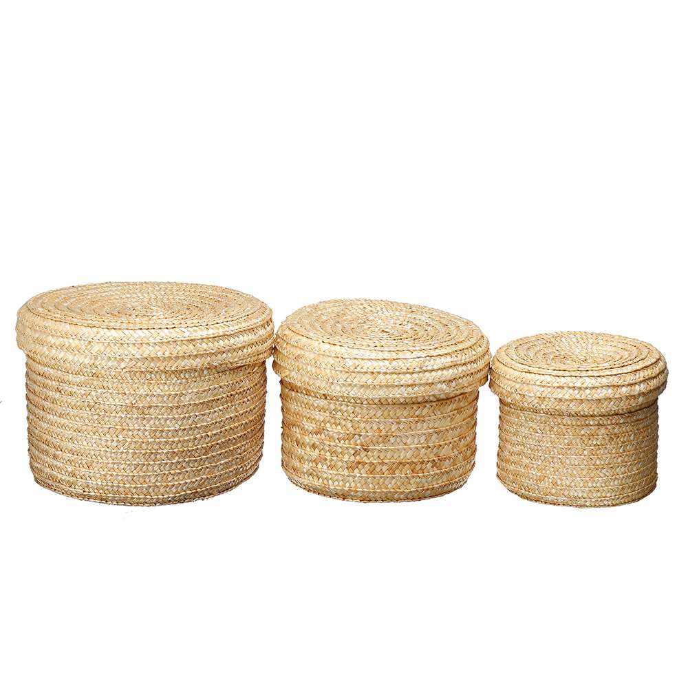 3 sztuk/zestaw ręcznie słomy pleciony koszyk z pokrywką przekąska organizator schowek kosze na pranie pojemnik ratanowy kosz na kwiaty