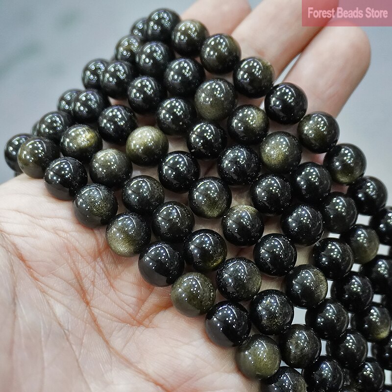 Smooth Gold Obsidian Natural Stone Round Beads for Jewelry Making 15" Strand 4 6 8 10 12 14MM DIY Bracelet Necklace Accessories