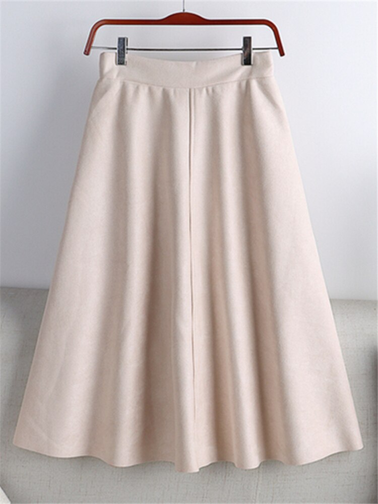 REALEFT 2023 Otoño Invierno mujeres gamuza Midi faldas de cintura alta multicolor A-Line faldas paraguas señoras falda femenina: Castaño