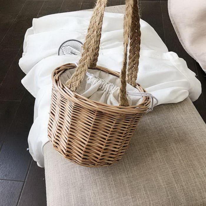 Women Woven Straw Bucket Handbag Lady Summer Beach Mini Bags FA$3