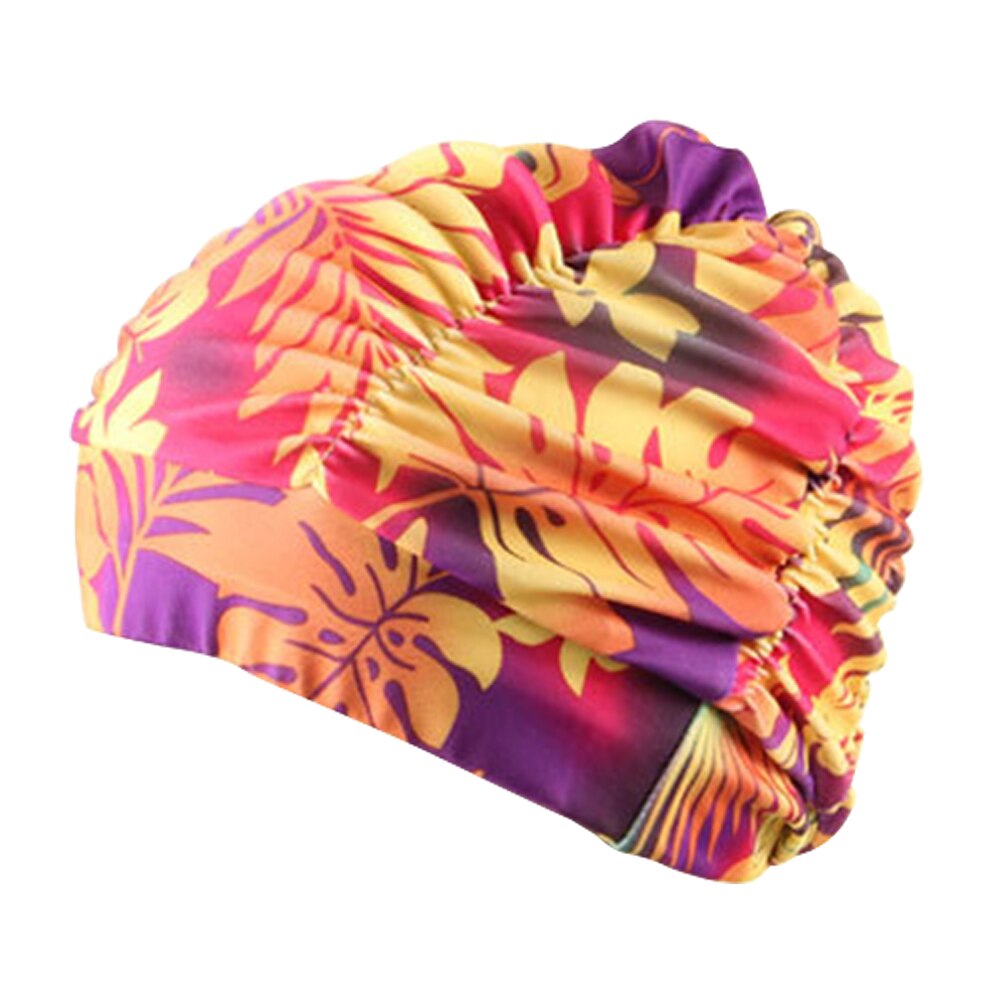 Kvinner voksen strand plissert stretch elastisk lue basseng svømming cap langt hår nylon bading blomst trykt