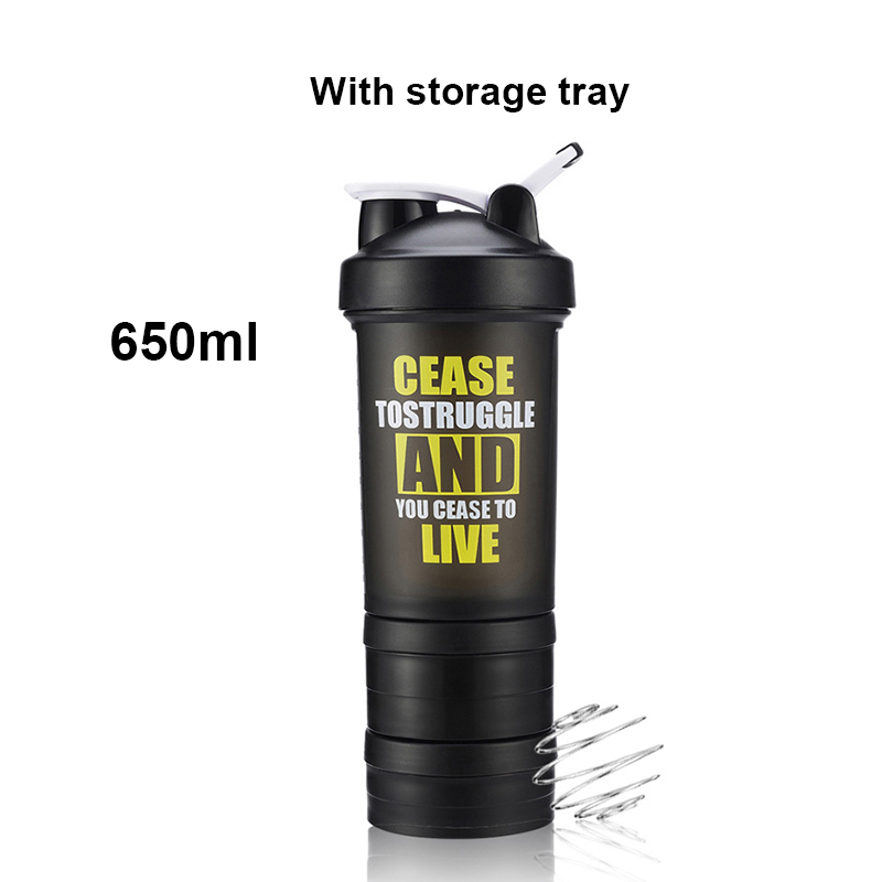 Lanke Eiwit Shaker Fles Met Roeren Bal Voor Sport, Draagbare Sport Water Fles Mengen Wei-eiwit Bpa Gratis, 650/450Ml: Black